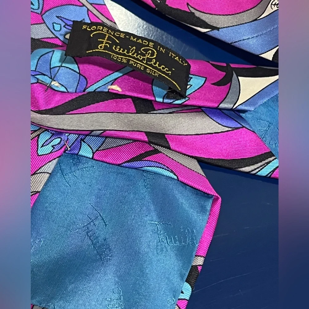 Emilio Pucci Floral Mens Tie Roland’s Silk Blue Pink Black Purple Vintage Italy